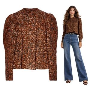 $275 ULLA JOHNSON Vesna Pintucked Leopard-Print Blouse Sz 2 - Small